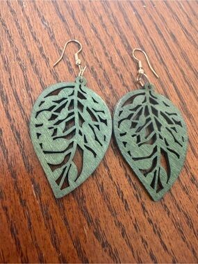 Forest Green Wooden Leaf Earrings